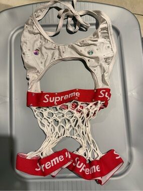 Supreme White Crystal Halter One-Piece with Red Logo Bands